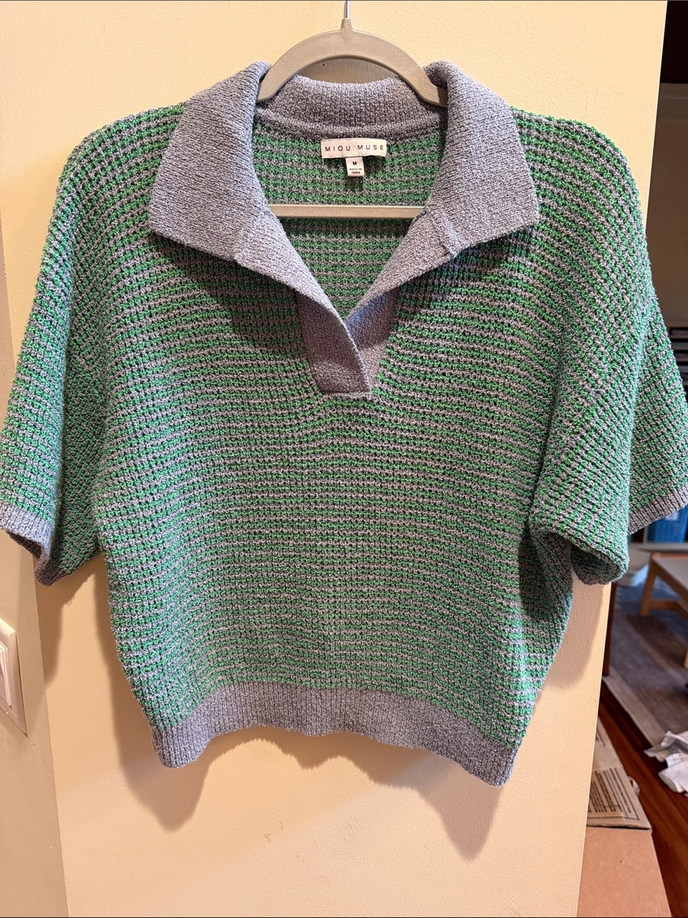 Miou Muse Green & Gray V-Neck Knit Polo Sweater